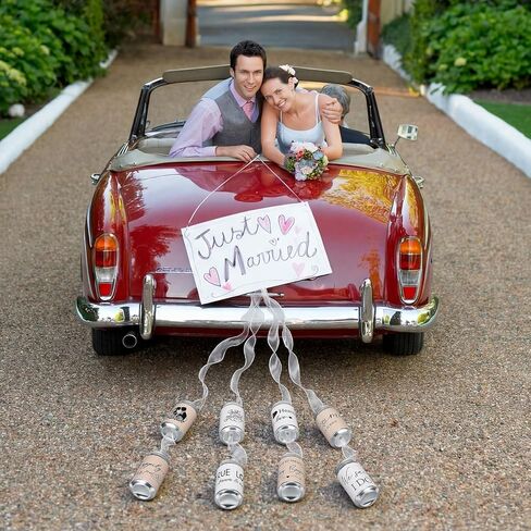 18 Pcs Just Married Car Decorations Wedding Car Decorations Giant Pull Ribbon Bow Tin Cans Stickers for Automotive Decor Accessories Bride Vehicles Photo Props Elegant Wedding Party Decor in Saudi Arabia