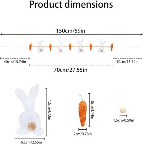 أرنب عيد الفصح والجزر وأكاليل عيد الفصح الديكور الخرز الخشبي والأرانب والجزر لافتات معلقة الحلي لإكليل، المنزل، غرفة النوم (أبيض، مقاس واحد) in Kuwait