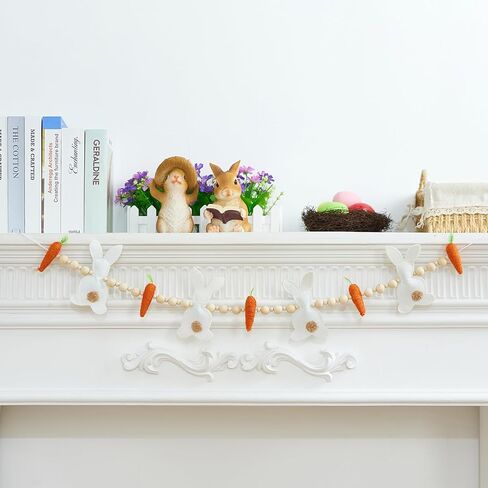 أرنب عيد الفصح والجزر وأكاليل عيد الفصح الديكور الخرز الخشبي والأرانب والجزر لافتات معلقة الحلي لإكليل، المنزل، غرفة النوم (أبيض، مقاس واحد) in Kuwait