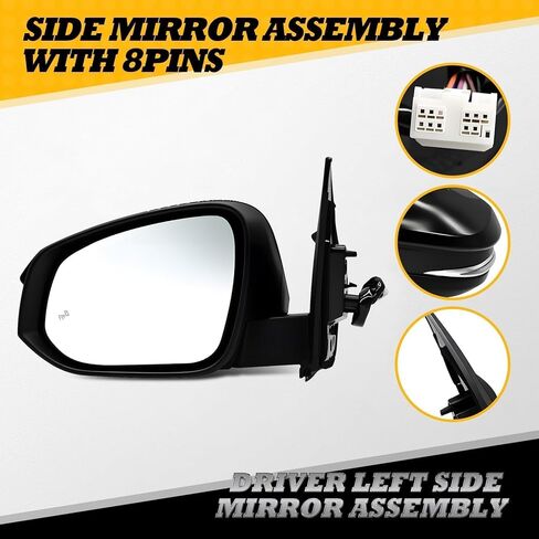 Left Driver Side Mirror Assembly Compatible with RAV-Four 2015-2018 Heated Blind Spot Detection Turn Signal Power 879400R190 Black (8Pins) in Saudi Arabia