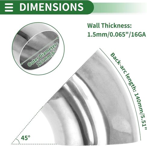 Motoforti 2 قطعة 5 بوصة OD 45 درجة مغزل بيند الكوع أنبوب سيارة تعديل أنابيب العادم أنابيب سمك 1.5 مم/16GA 127 × 140 × 1.5 مم 304 درجة فضية من الفولاذ المقاوم للصدأ in Kuwait