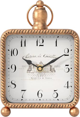 ساعة طاولة ذهبية عتيقة على الحامل، ساعة ديكور للمكتب والرف، ساعات رف على الطراز الريفي الفرنسي للمزرعة، غرفة المعيشة، غرفة النوم، السرير، هدية (8.5 بوصة ارتفاع × 5.5 بوصة عرض) in Kuwait