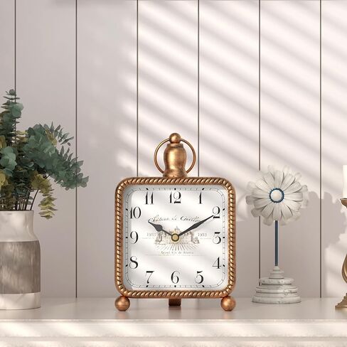 ساعة طاولة ذهبية عتيقة على الحامل، ساعة ديكور للمكتب والرف، ساعات رف على الطراز الريفي الفرنسي للمزرعة، غرفة المعيشة، غرفة النوم، السرير، هدية (8.5 بوصة ارتفاع × 5.5 بوصة عرض) in Kuwait