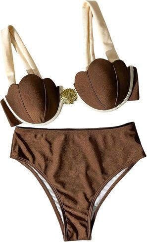 SHENHE Women's Underwire Swimsuits 2 Piece Push Up Seashell Top Bikini Top Color Block Bikinis in Saudi Arabia