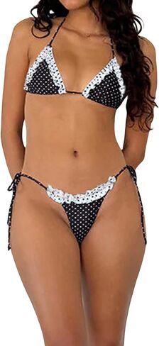 المرأة الصيف سلسلة مجموعة البكيني البسيطة دوت طباعة الدانتيل تقليم الرسن الصدرية مع التعادل متابعة ثونغ ملابس السباحة ثوب السباحة in Kuwait