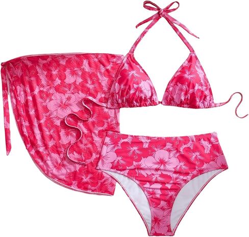 MAKEMECHIC Women's Plus Size 3 Piece Floral Bikini Set Halter Triangle Swimsuit with Cover Up Wrap Skirt in Saudi Arabia