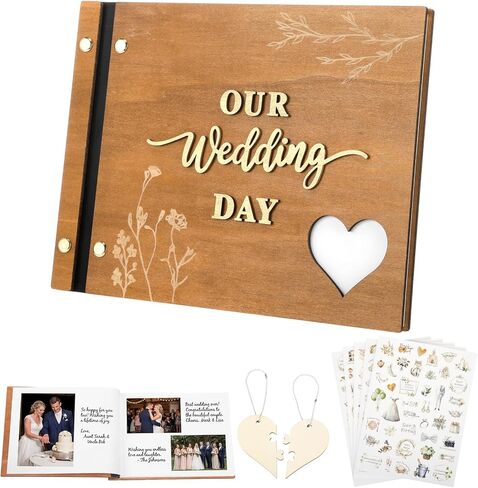 Rustic Wooden Wedding Guest Book Memory Book for Wedding Wooden Cover Photo Scrapbook Rustic Keepsake Guestbook with Stickers for Reception Anniversary Bridal Shower Engagement Supplies in Saudi Arabia