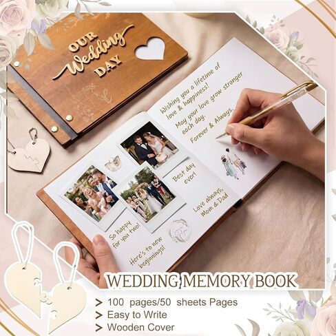 Rustic Wooden Wedding Guest Book Memory Book for Wedding Wooden Cover Photo Scrapbook Rustic Keepsake Guestbook with Stickers for Reception Anniversary Bridal Shower Engagement Supplies in Saudi Arabia