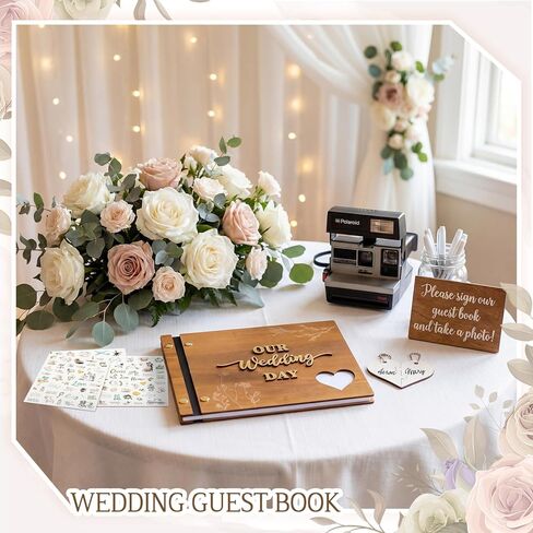 Rustic Wooden Wedding Guest Book Memory Book for Wedding Wooden Cover Photo Scrapbook Rustic Keepsake Guestbook with Stickers for Reception Anniversary Bridal Shower Engagement Supplies in Saudi Arabia