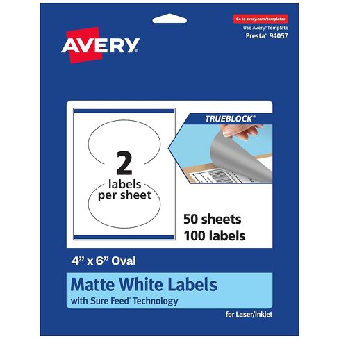 Avery TrueBlock Matte White Oval Labels, Sure Feed Technology, 4" x 6", 100 Matte White Labels, Print-to-The-Edge, Laser/Inkjet Printable, Great for Packaging and Product Merchandising in Saudi Arabia