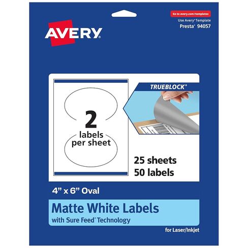 Avery TrueBlock Matte White Oval Labels, Sure Feed Technology, 4" x 6", 100 Matte White Labels, Print-to-The-Edge, Laser/Inkjet Printable, Great for Packaging and Product Merchandising in Saudi Arabia