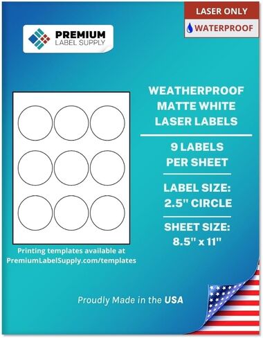 ملصقات مستديرة مقاومة للماء باللون الأبيض غير اللامع من Premium Label Supply - دائرة 2.5 بوصة - طابعات الليزر فقط - (9 لكل ورقة)، 10 ورقات - 90 ملصقًا لاصقًا إجماليًا in Saudi Arabia