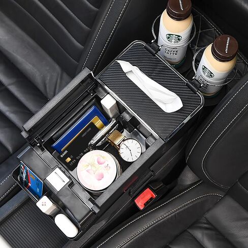 DTTO Car Armrests Storage Box Organizer, Multifunctional Center Console with Cup Holder and Tissue Box,Black in Saudi Arabia
