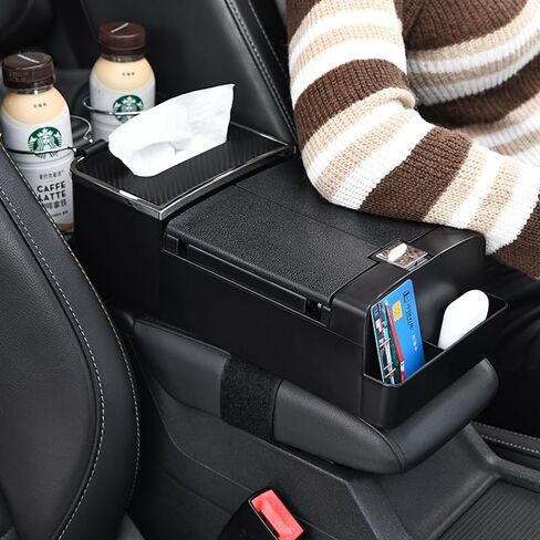 DTTO Car Armrests Storage Box Organizer, Multifunctional Center Console with Cup Holder and Tissue Box,Black in Saudi Arabia