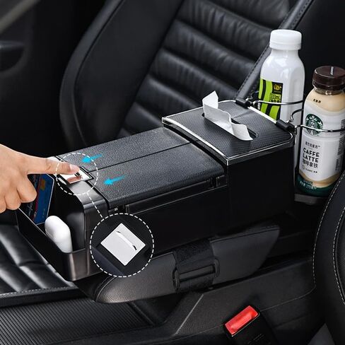 DTTO Car Armrests Storage Box Organizer, Multifunctional Center Console with Cup Holder and Tissue Box,Black in Saudi Arabia