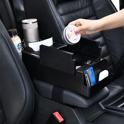 DTTO Car Armrests Storage Box Organizer, Multifunctional Center Console with Cup Holder and Tissue Box,Black in Saudi Arabia