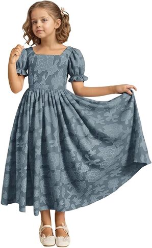 فستان فتاة الزهور بأكمام منتفخة مع فيونكة طويلة على شكل حرف A فستان رسمي مزين بالدانتيل مزين بالزهور لحفلات الزفاف وأعياد الميلاد in Kuwait