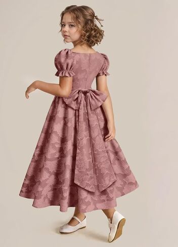 فستان فتاة الزهور بأكمام منتفخة مع فيونكة طويلة على شكل حرف A فستان رسمي مزين بالدانتيل مزين بالزهور لحفلات الزفاف وأعياد الميلاد in Kuwait