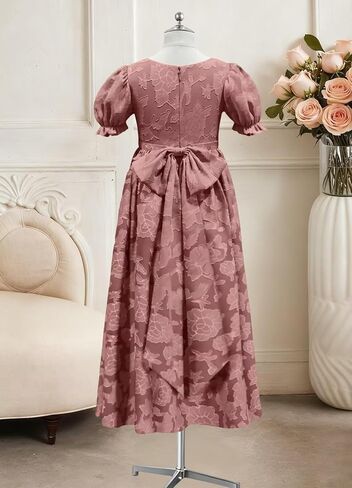 فستان فتاة الزهور بأكمام منتفخة مع فيونكة طويلة على شكل حرف A فستان رسمي مزين بالدانتيل مزين بالزهور لحفلات الزفاف وأعياد الميلاد in Kuwait