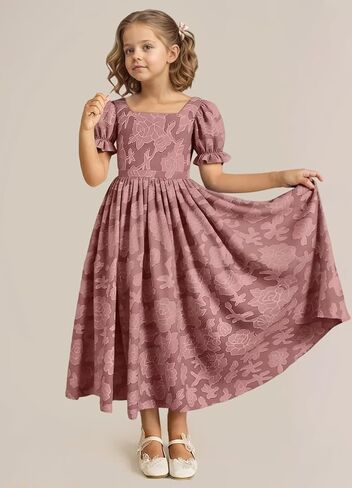 فستان فتاة الزهور بأكمام منتفخة مع فيونكة طويلة على شكل حرف A فستان رسمي مزين بالدانتيل مزين بالزهور لحفلات الزفاف وأعياد الميلاد in Kuwait