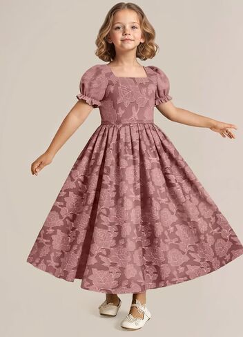 فستان فتاة الزهور بأكمام منتفخة مع فيونكة طويلة على شكل حرف A فستان رسمي مزين بالدانتيل مزين بالزهور لحفلات الزفاف وأعياد الميلاد in Kuwait