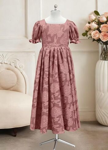 فستان فتاة الزهور بأكمام منتفخة مع فيونكة طويلة على شكل حرف A فستان رسمي مزين بالدانتيل مزين بالزهور لحفلات الزفاف وأعياد الميلاد in Kuwait