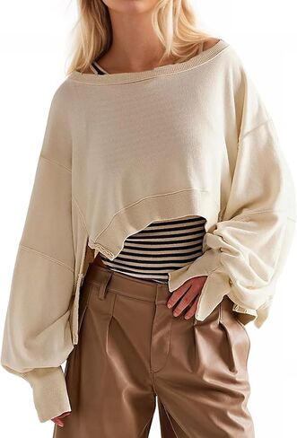 High Low Cropped Sweatshirts Women Oversized Long Sleeve Crewneck Hoodie Drop Shoulder Pullover 2025 Fall Clothes in Kuwait