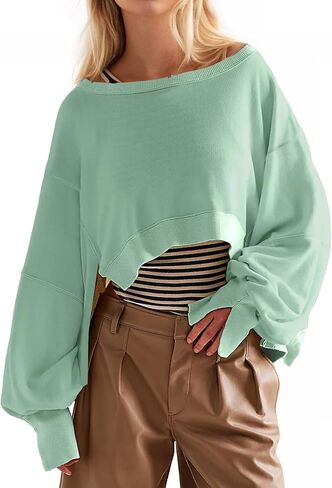 High Low Cropped Sweatshirts Women Oversized Long Sleeve Crewneck Hoodie Drop Shoulder Pullover 2025 Fall Clothes in Saudi Arabia