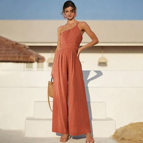 Jumpsuits for Women Casual Sleeveless Loose rompers with Pockets One Shoulder Pleated High Waist Wide Leg Jumpsuit Orange in Saudi Arabia