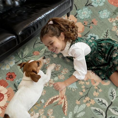 DCX Vintage Floral Rug 5x7, Washable Sage Green Rug for Living Room, Kid & Pet Friendly with Rubber Back Non Slip, Soft Low Pile Carpet, Stain Resistant Rug for Bedroom, Nursery, Dining Room in Saudi Arabia