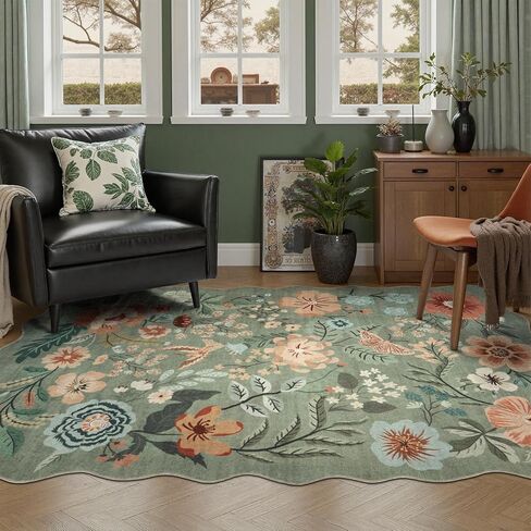 DCX Vintage Floral Rug 5x7, Washable Sage Green Rug for Living Room, Kid & Pet Friendly with Rubber Back Non Slip, Soft Low Pile Carpet, Stain Resistant Rug for Bedroom, Nursery, Dining Room in Saudi Arabia