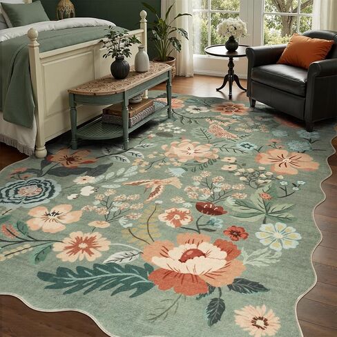 DCX Vintage Floral Rug 5x7, Washable Sage Green Rug for Living Room, Kid & Pet Friendly with Rubber Back Non Slip, Soft Low Pile Carpet, Stain Resistant Rug for Bedroom, Nursery, Dining Room in Saudi Arabia