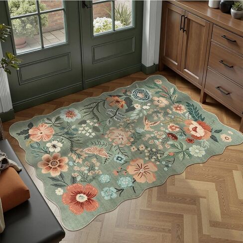 DCX Vintage Floral Rug 5x7, Washable Sage Green Rug for Living Room, Kid & Pet Friendly with Rubber Back Non Slip, Soft Low Pile Carpet, Stain Resistant Rug for Bedroom, Nursery, Dining Room in Saudi Arabia