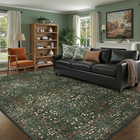 DCX Vintage Floral Rug 5x7, Washable Sage Green Rug for Living Room, Kid & Pet Friendly with Rubber Back Non Slip, Soft Low Pile Carpet, Stain Resistant Rug for Bedroom, Nursery, Dining Room in Saudi Arabia