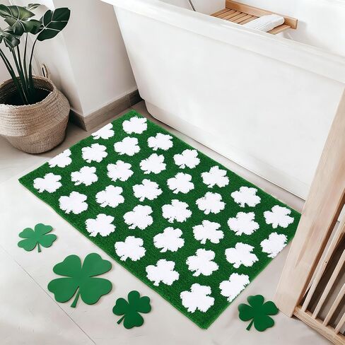St. Patrick's Day Rug Bath Mat 19.7 x 31.5" Absorbent Floor Carpet Non Slip Green White Shamrock Lucky Clover Bathroom Rug for Irish Holiday Home Bathroom Floor Decoration in Saudi Arabia