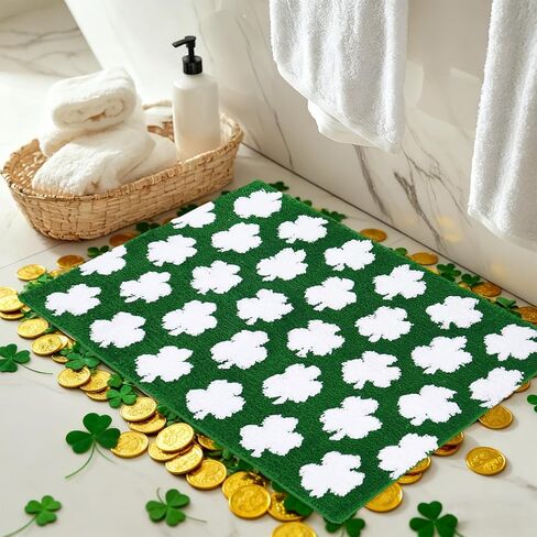 St. Patrick's Day Rug Bath Mat 19.7 x 31.5" Absorbent Floor Carpet Non Slip Green White Shamrock Lucky Clover Bathroom Rug for Irish Holiday Home Bathroom Floor Decoration in Saudi Arabia