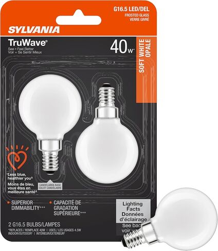 لمبة الإضاءة SYLVANIA TruWave Natural Series Décor G16.5، ما يعادل 40 وات، كفاءة 4.5 وات، 350 لومن، قاعدة الشمعدانات، بلوري، 5000 كلفن، ضوء النهار (40798)، أبيض ناعم، عبوتان in Saudi Arabia