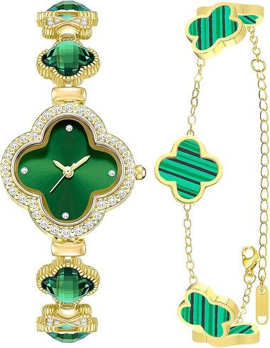2 Pieces Women Gold Watch Bracelet Set Lucky Clover Bracelet Watch Jewelry Set 18K Gold Plated Wristwatch Flower Design Four Leaf Bracelets for Women in Kuwait