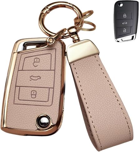 غطاء مفتاح فوب لسيارة فولكس فاجن مع سلسلة مفاتيح، جلد علوي + غطاء غطاء مفتاح ناعم من مادة TPU لسيارة فولكس فاجن 2017-2021 جيتا تيجوان جي تي آي أطلس باسات أرتيون جولف قابل للطي 4 أزرار (بني) in Kuwait