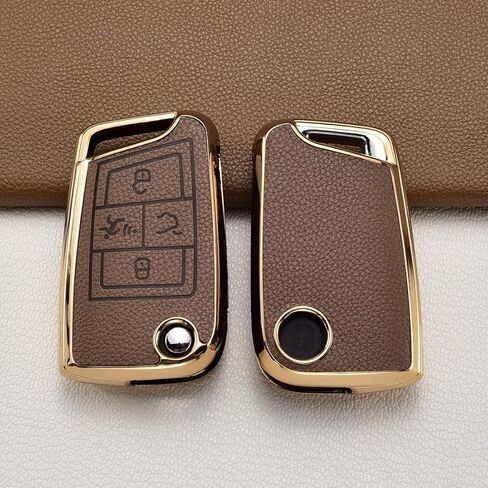Key Fob Cover for Volkswagen with Keychain, Upper Leather + Soft TPU Key Cover Case Shell for VW 2017-2021 Jetta Tiguan GTI Atlas Passat Arteon Golf Folding Flip 4 Buttons (Brown) in Saudi Arabia