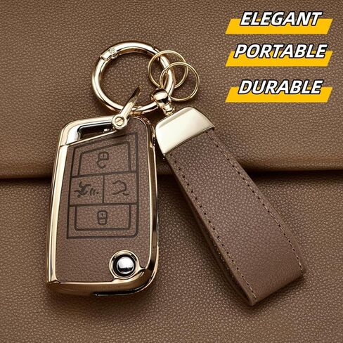 Key Fob Cover for Volkswagen with Keychain, Upper Leather + Soft TPU Key Cover Case Shell for VW 2017-2021 Jetta Tiguan GTI Atlas Passat Arteon Golf Folding Flip 4 Buttons (Brown) in Saudi Arabia