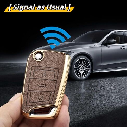Key Fob Cover for Volkswagen with Keychain, Upper Leather + Soft TPU Key Cover Case Shell for VW 2017-2021 Jetta Tiguan GTI Atlas Passat Arteon Golf Folding Flip 4 Buttons (Brown) in Saudi Arabia