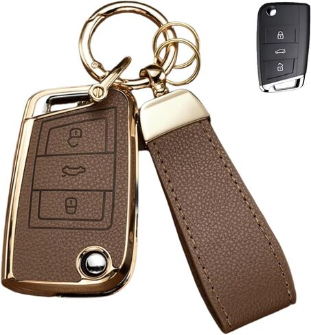 Key Fob Cover for Volkswagen with Keychain, Upper Leather + Soft TPU Key Cover Case Shell for VW 2017-2021 Jetta Tiguan GTI Atlas Passat Arteon Golf Folding Flip 4 Buttons (Brown) in Saudi Arabia