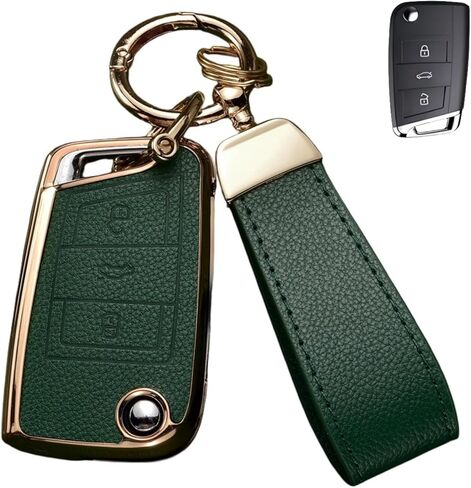 Key Fob Cover for Volkswagen with Keychain, Upper Leather + Soft TPU Key Cover Case Shell for VW 2017-2021 Jetta Tiguan GTI Atlas Passat Arteon Golf Folding Flip 4 Buttons (Brown) in Saudi Arabia