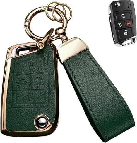 Key Fob Cover for Volkswagen with Keychain, Upper Leather + Soft TPU Key Cover Case Shell for VW 2017-2021 Jetta Tiguan GTI Atlas Passat Arteon Golf Folding Flip 4 Buttons (Brown) in Saudi Arabia