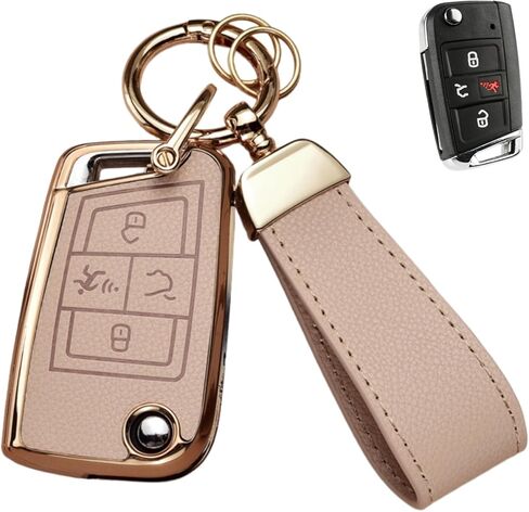Key Fob Cover for Volkswagen with Keychain, Upper Leather + Soft TPU Key Cover Case Shell for VW 2017-2021 Jetta Tiguan GTI Atlas Passat Arteon Golf Folding Flip 4 Buttons (Brown) in Saudi Arabia