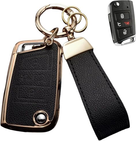 Key Fob Cover for Volkswagen with Keychain, Upper Leather + Soft TPU Key Cover Case Shell for VW 2017-2021 Jetta Tiguan GTI Atlas Passat Arteon Golf Folding Flip 4 Buttons (Brown) in Saudi Arabia