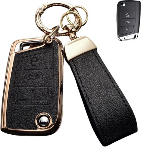 Key Fob Cover for Volkswagen with Keychain, Upper Leather + Soft TPU Key Cover Case Shell for VW 2017-2021 Jetta Tiguan GTI Atlas Passat Arteon Golf Folding Flip 4 Buttons (Brown) in Saudi Arabia