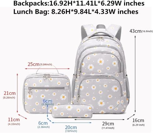 3-in-1 Daisy Laptop Backpack Bag Set, With Lunch Pencil Bag Kits For Teenager Girls, Gradient School Bag For Kids Student (Grey) in Saudi Arabia