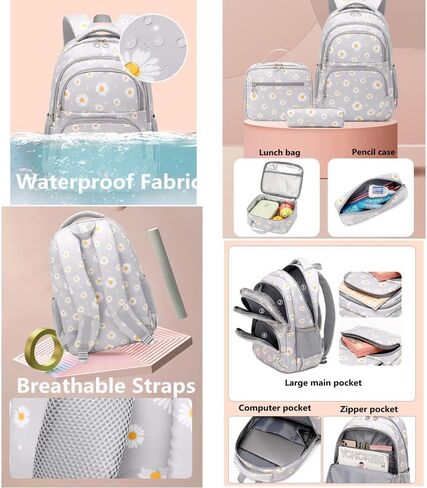 3-in-1 Daisy Laptop Backpack Bag Set, With Lunch Pencil Bag Kits For Teenager Girls, Gradient School Bag For Kids Student (Grey) in Saudi Arabia